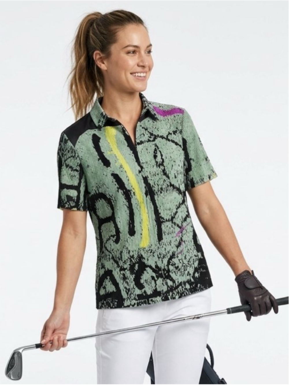 Jamie Sadock Crinkle Plissé Pleated Abstract Art Golf Pol Top Green Black XL 835